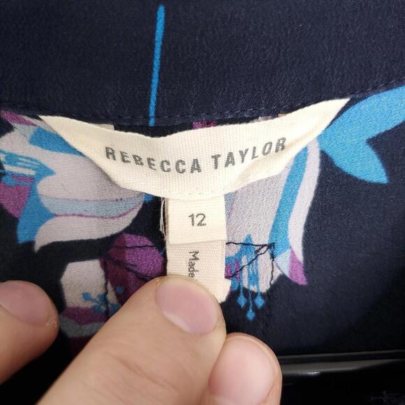 Rebecca Taylor Dress WOmens 12 Silk Colorful Florals Button Down Tie Waist - Picture 6 of 12